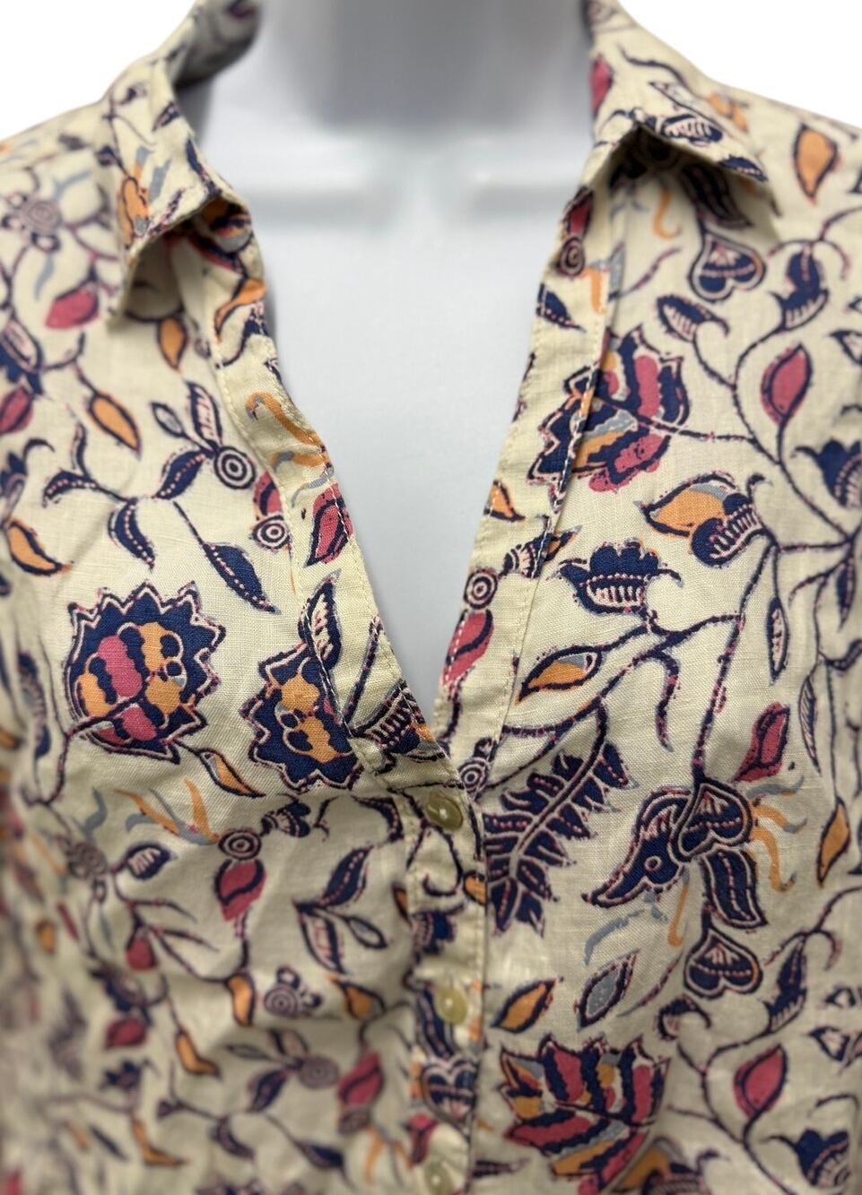 Rachel Zoe 100% Linen Womens SZ S Tropical Floral Print Long Sleeve Button Shirt